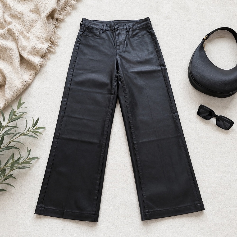 L'AGENCE Clayton High Rise Wide Leg Coated Pants Noir Black 2790PDDC Size 28